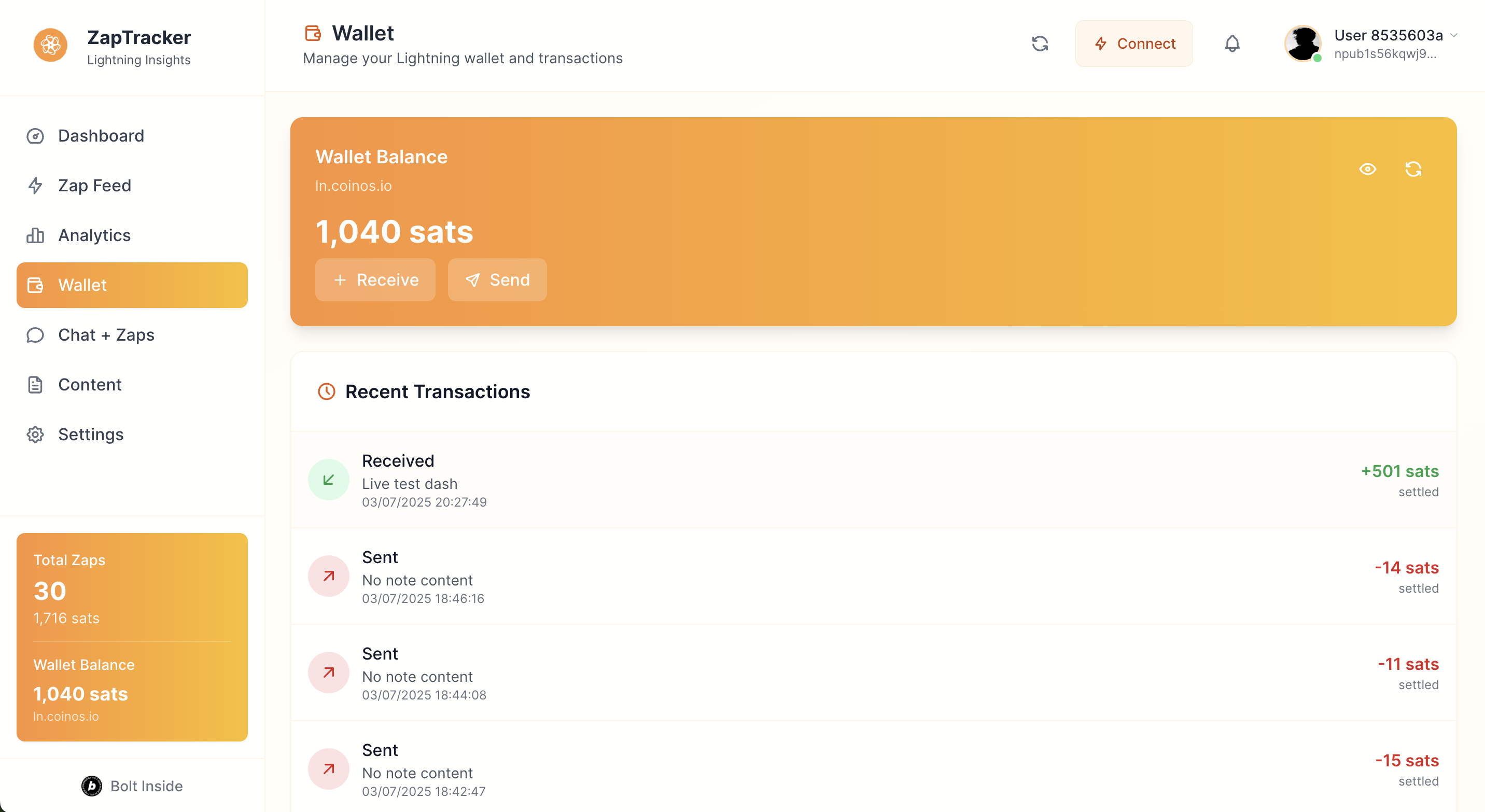 Lightning Wallet showing balance, send/receive buttons, and transaction history