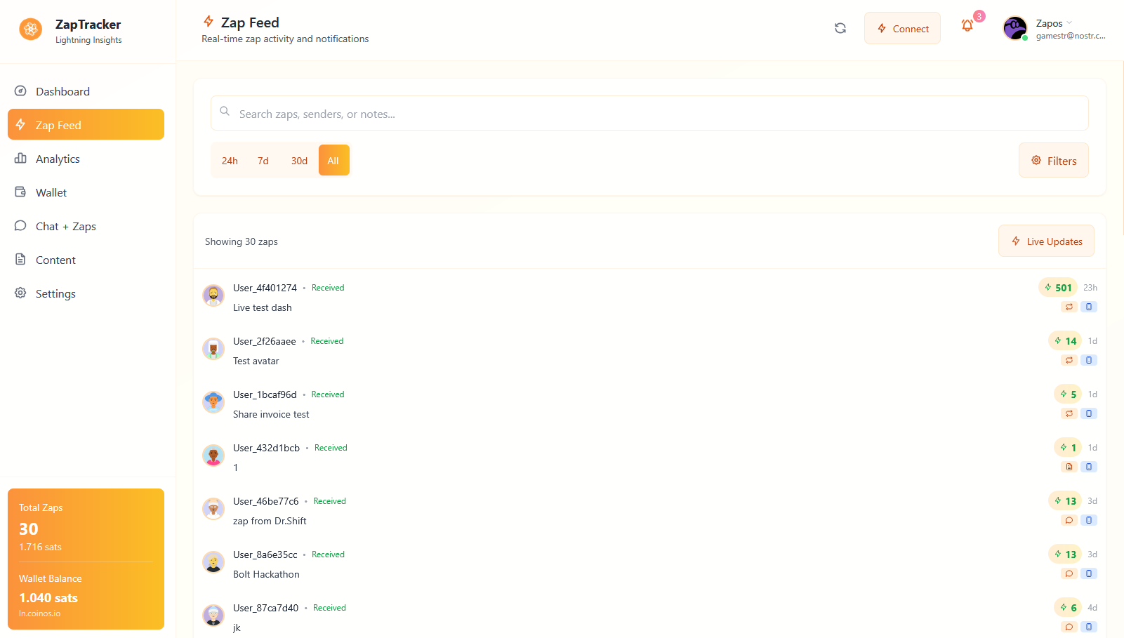 Real-time Zap Feed