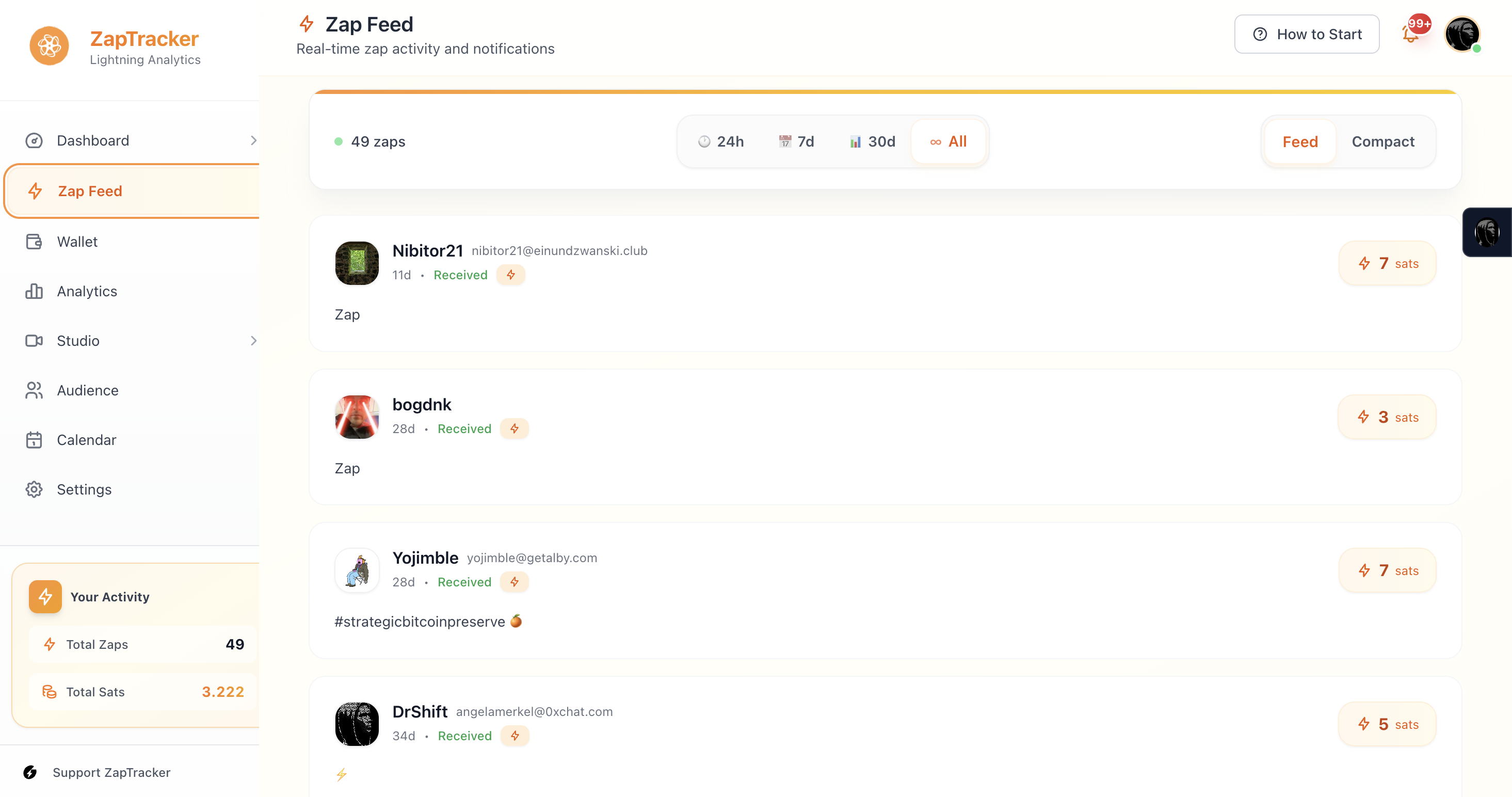 Real-time Zap Feed showing incoming zaps with amounts and supporter details